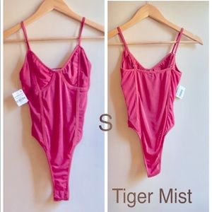NWT (S) Tiger Mist pink sheer thong bodysuit mesh coral raspberry sundae